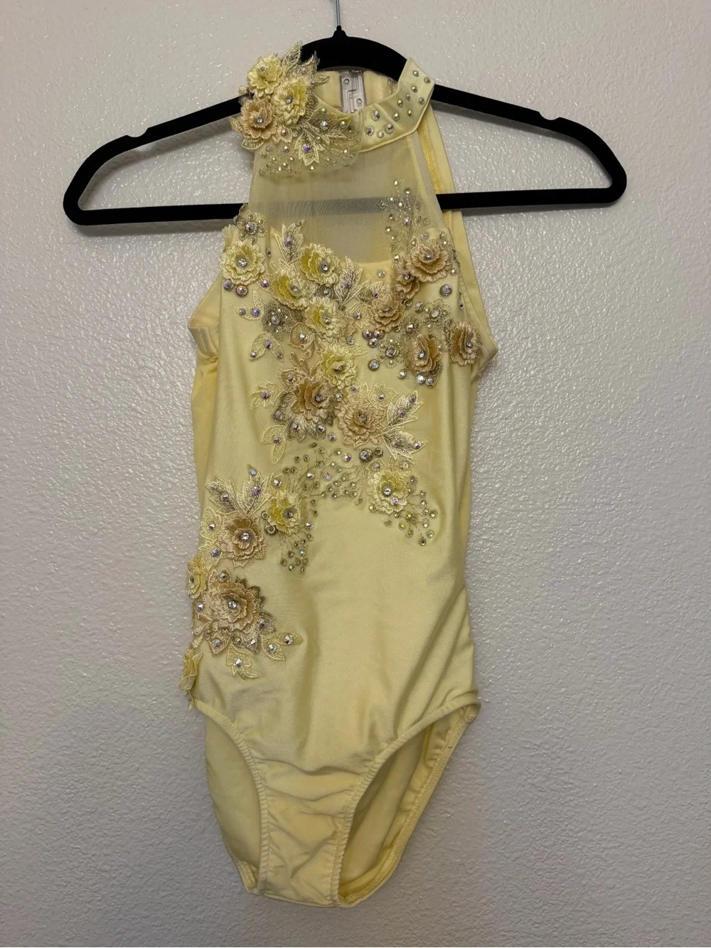 Glamour solo dance costume leotard pale yellow embellished rhinestone lace XSA